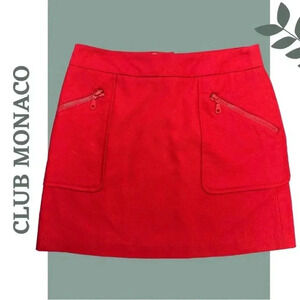 Club Monaco Red Wool Blend Lined Mini Skirt Back Zipper Front Side Pocket Size 0